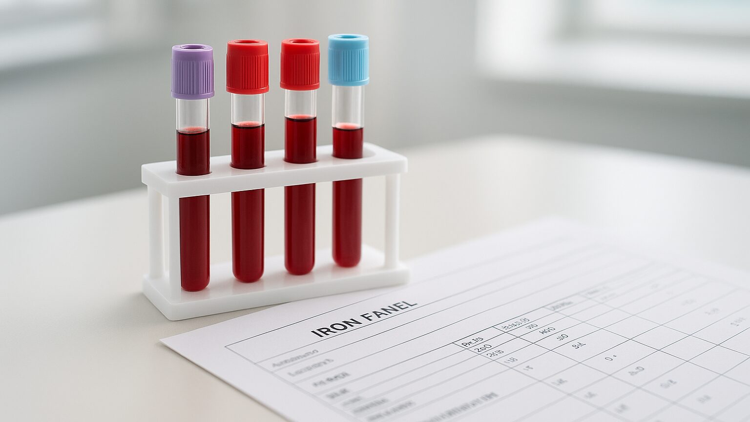 Blood test tubes next to a printed lab report showing iron panel results