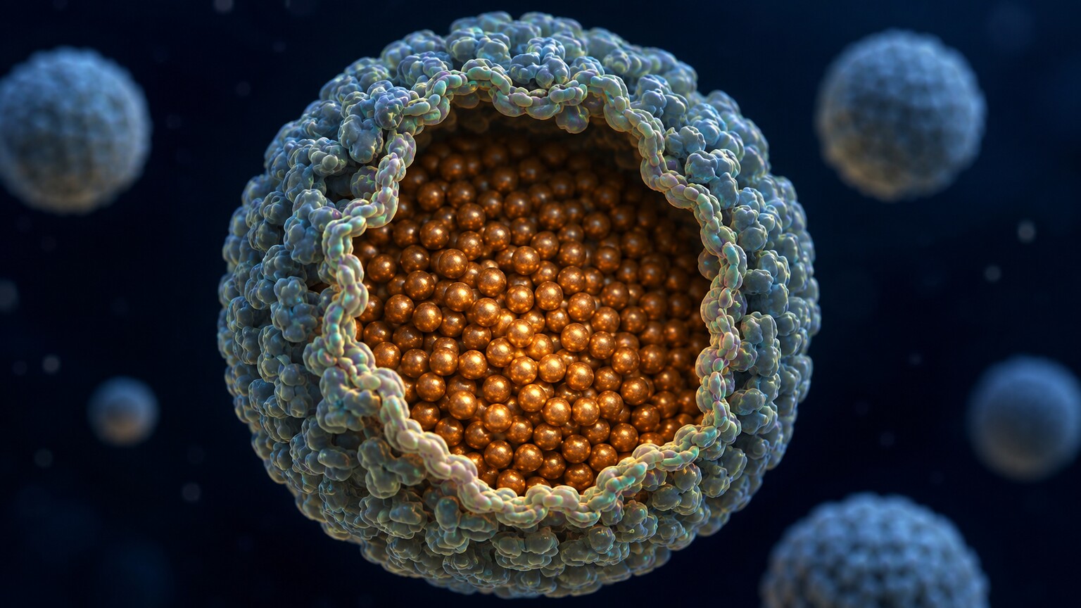 Scientific cross-section illustration of the hollow ferritin protein shell holding thousands of stored iron atoms inside