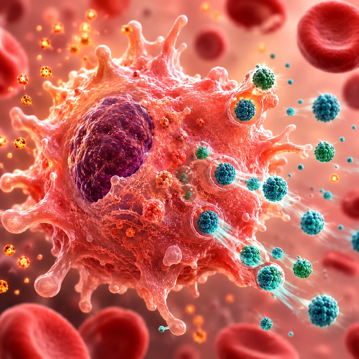 Scientific illustration of a macrophage immune cell actively releasing ferritin molecules during an inflammatory response