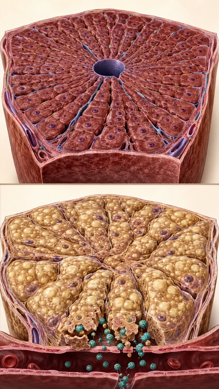 Cross-section medical illustration comparing a healthy liver lobe to a fatty liver lobe with visible fat droplets inside hepatocytes