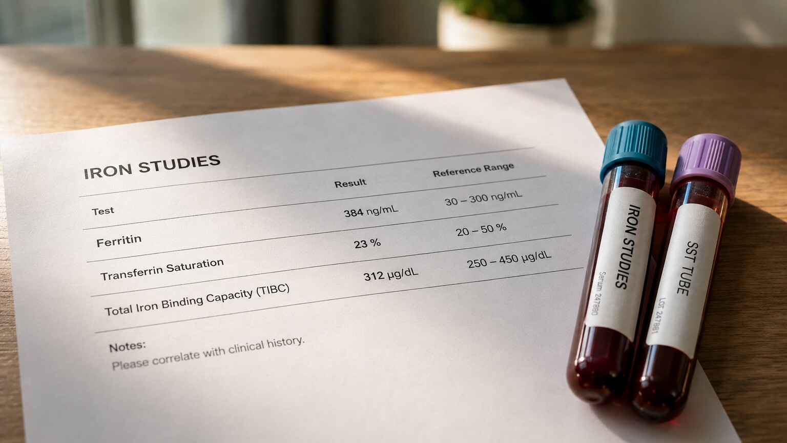 Close-up of a printed lab report showing ferritin, transferrin saturation, and total iron binding capacity results next to blood sample tubes