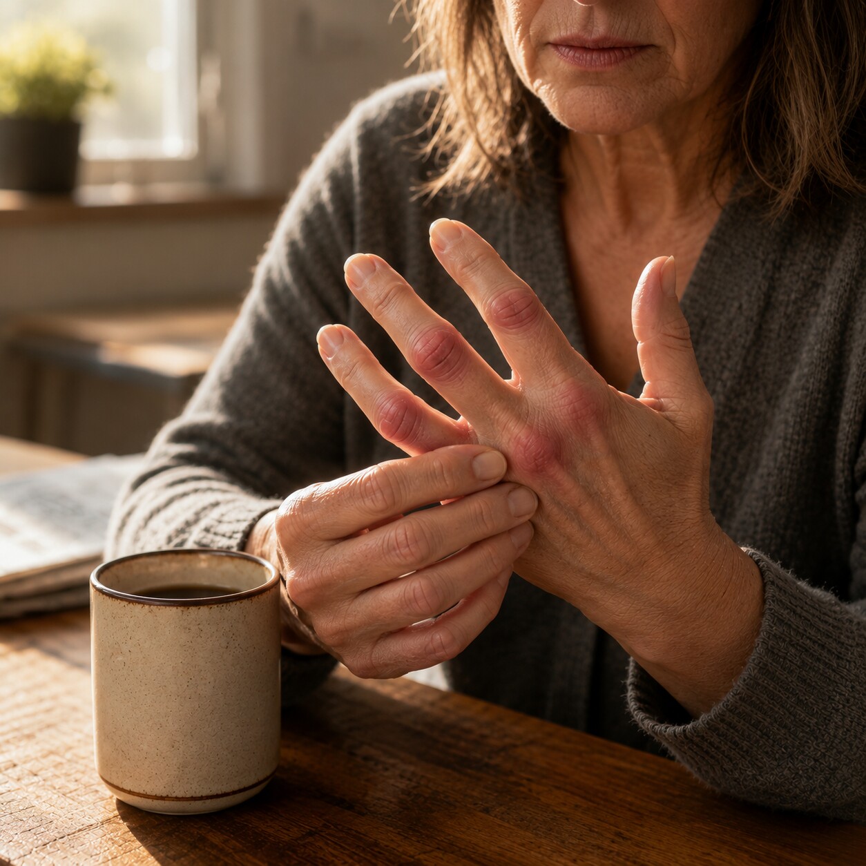 Close-up of a person in their 50s examining the swollen second and third knuckle joints of their hand at a kitchen table in morning light