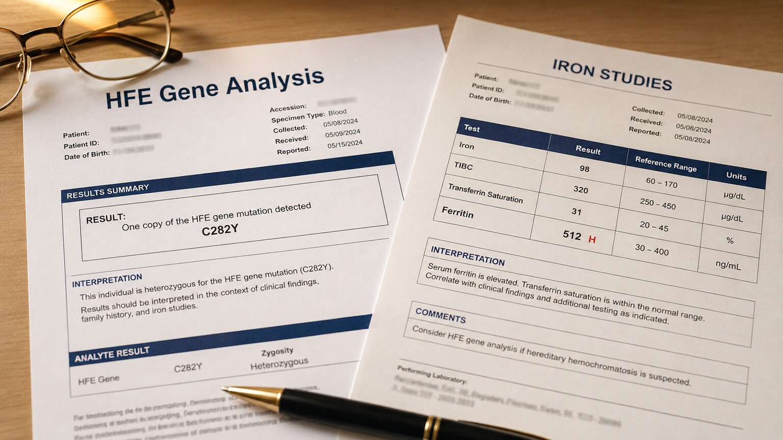 A genetic test report showing HFE gene mutation results placed next to a ferritin and iron panel lab report on a clinic desk