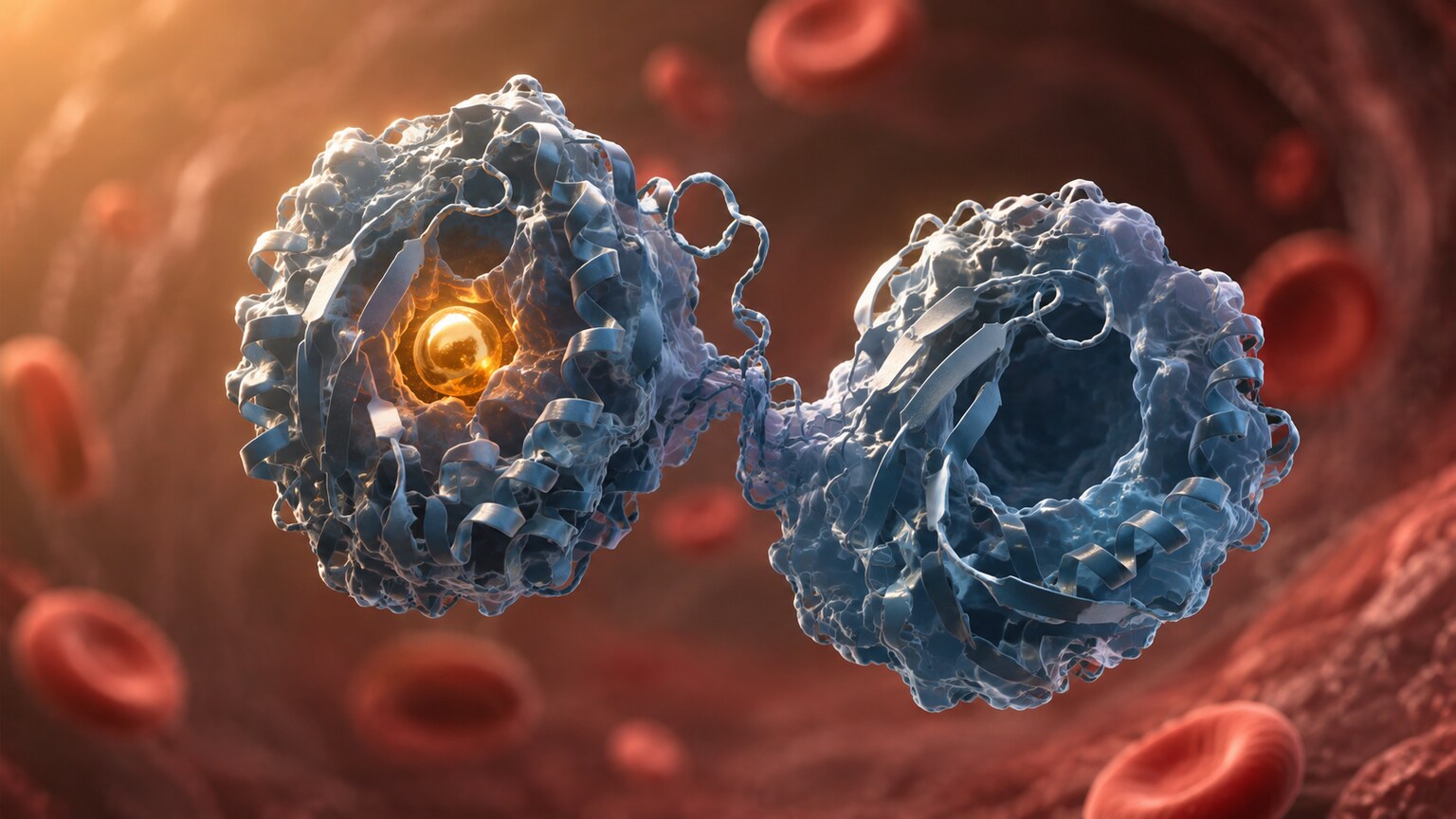 Scientific illustration of a transferrin protein molecule with two lobes, one holding an iron atom and one empty