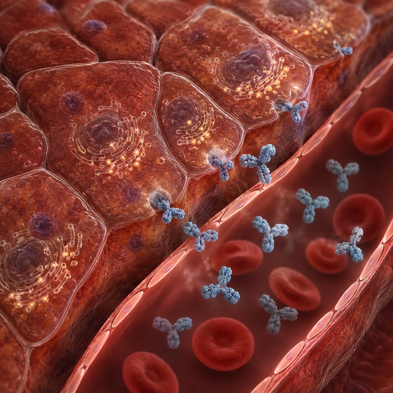 Close-up scientific illustration of liver cells actively producing and releasing transferrin protein molecules into a blood vessel