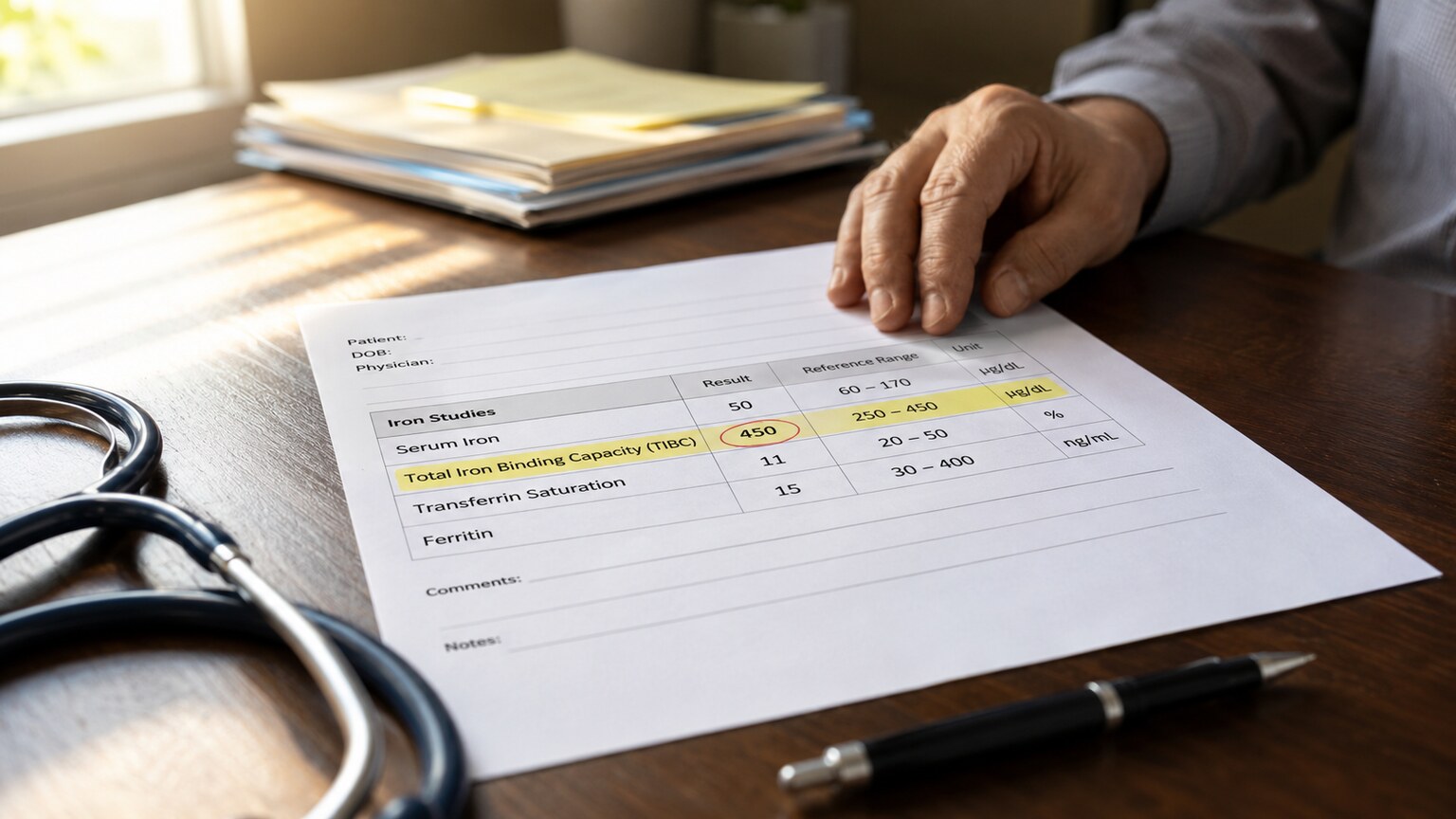 Printed iron panel lab report on a clinic desk showing a highlighted TIBC value flagged as elevated