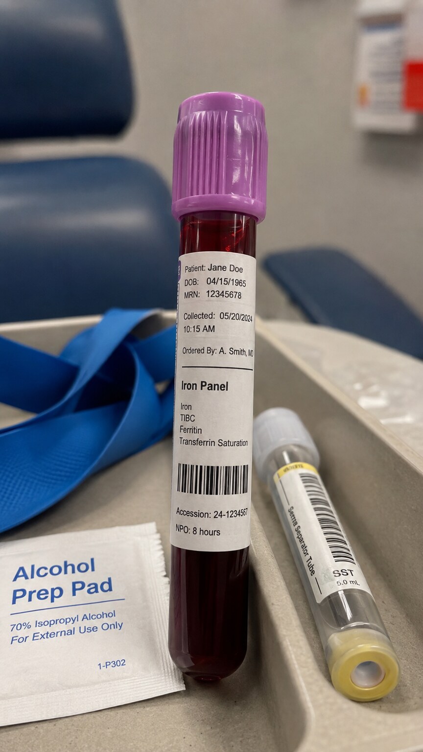 Close-up of a labeled blood collection tube for an iron panel sitting in a phlebotomy tray beside a tourniquet