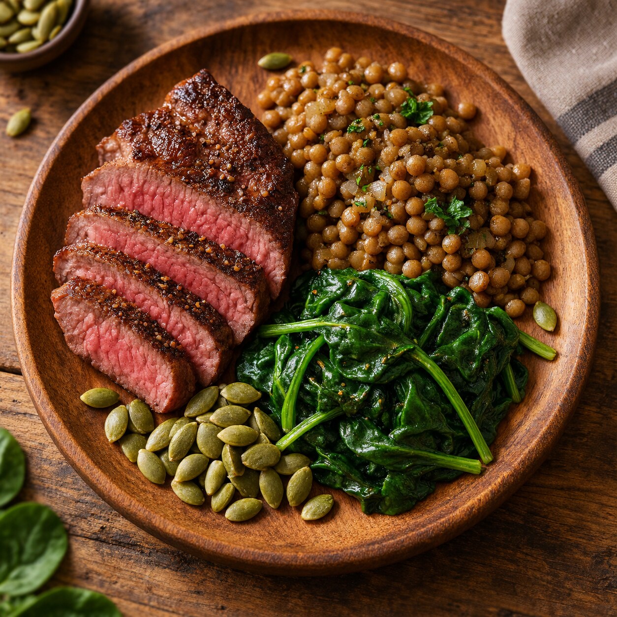 Plate arrangement of iron-rich foods including red meat and lentils