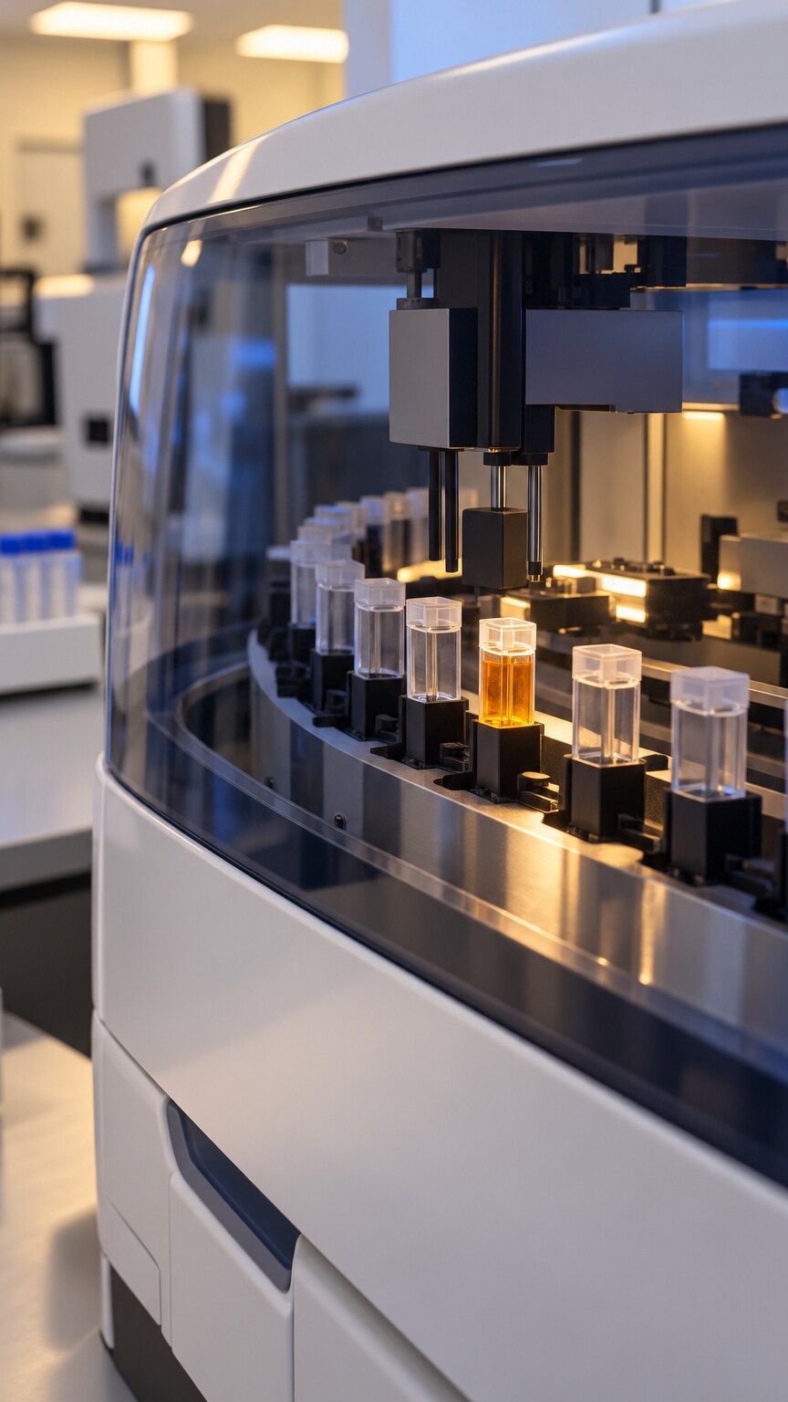 Automated laboratory analyzer processing a blood sample for serum iron measurement