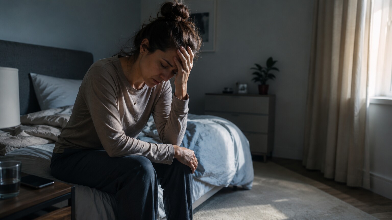 Person sitting on the edge of a bed in early morning light, visibly drained despite a full night's sleep