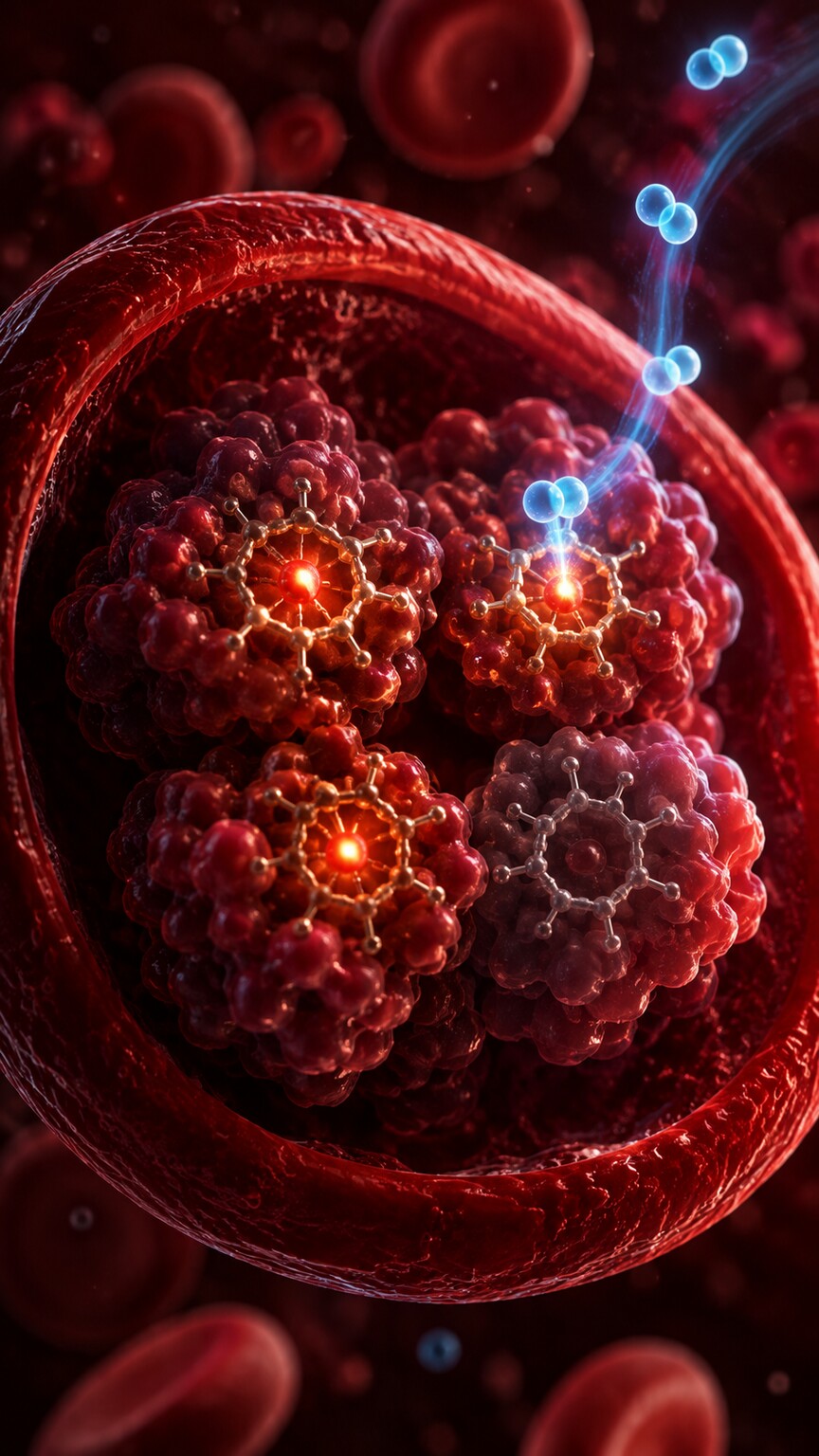 Scientific illustration of an iron-containing heme group inside hemoglobin binding an oxygen molecule within a red blood cell
