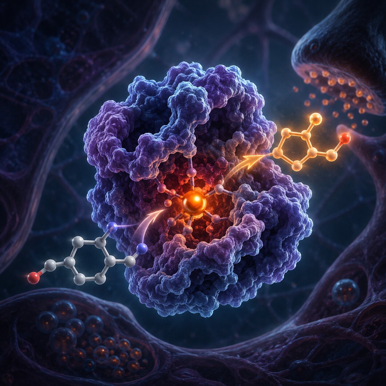 Scientific illustration of an iron-dependent enzyme converting a precursor molecule into dopamine inside a brain neuron