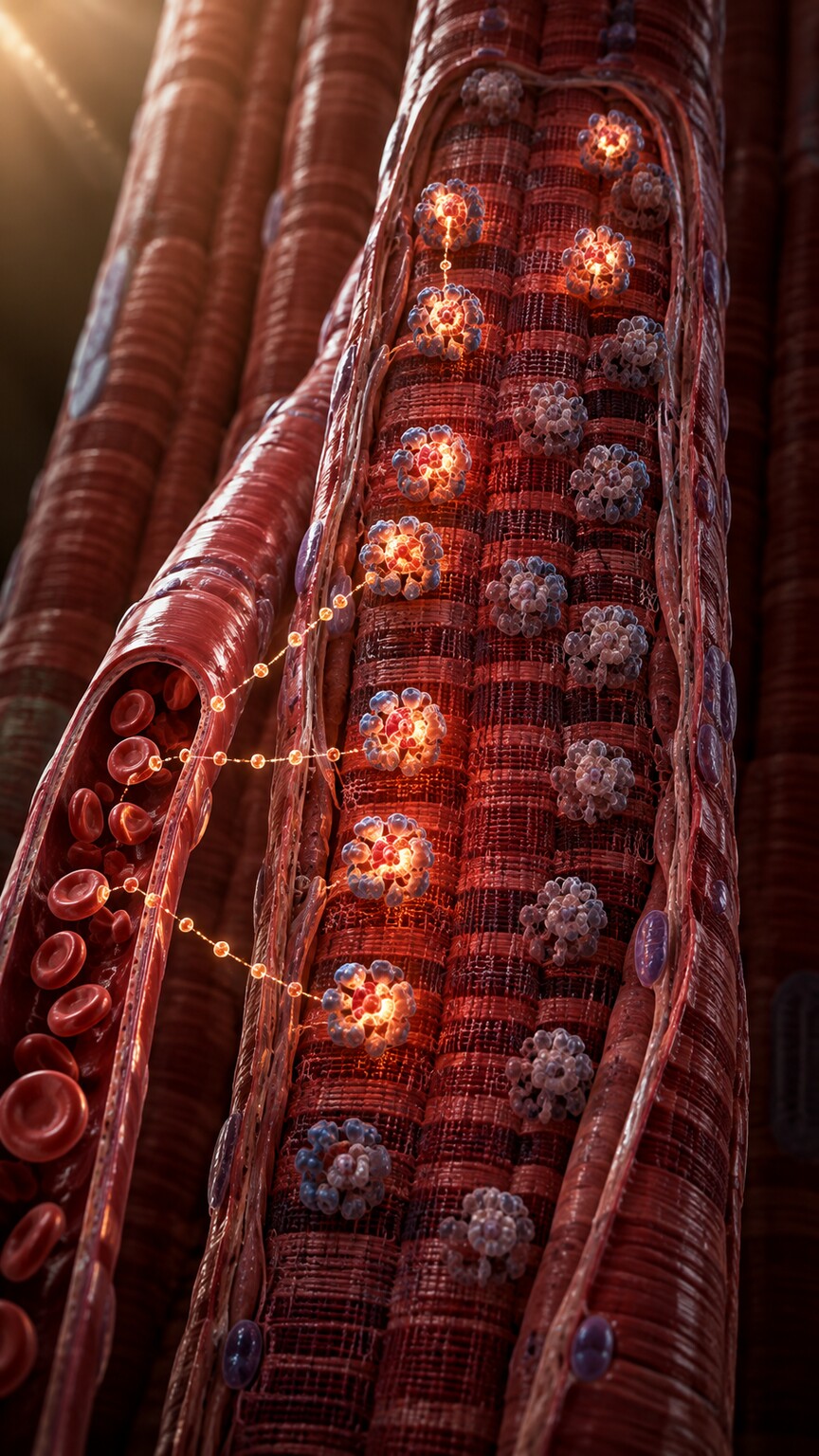 Cross-section illustration of a muscle fiber showing iron-containing myoglobin molecules storing oxygen between blood vessels