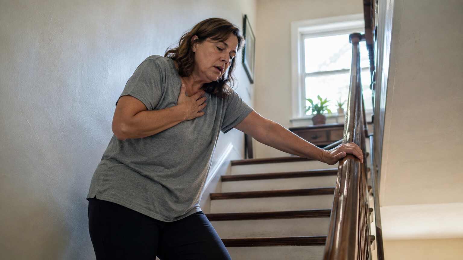 Person pausing halfway up a staircase at home, gripping the railing and breathing heavily from mild exertion