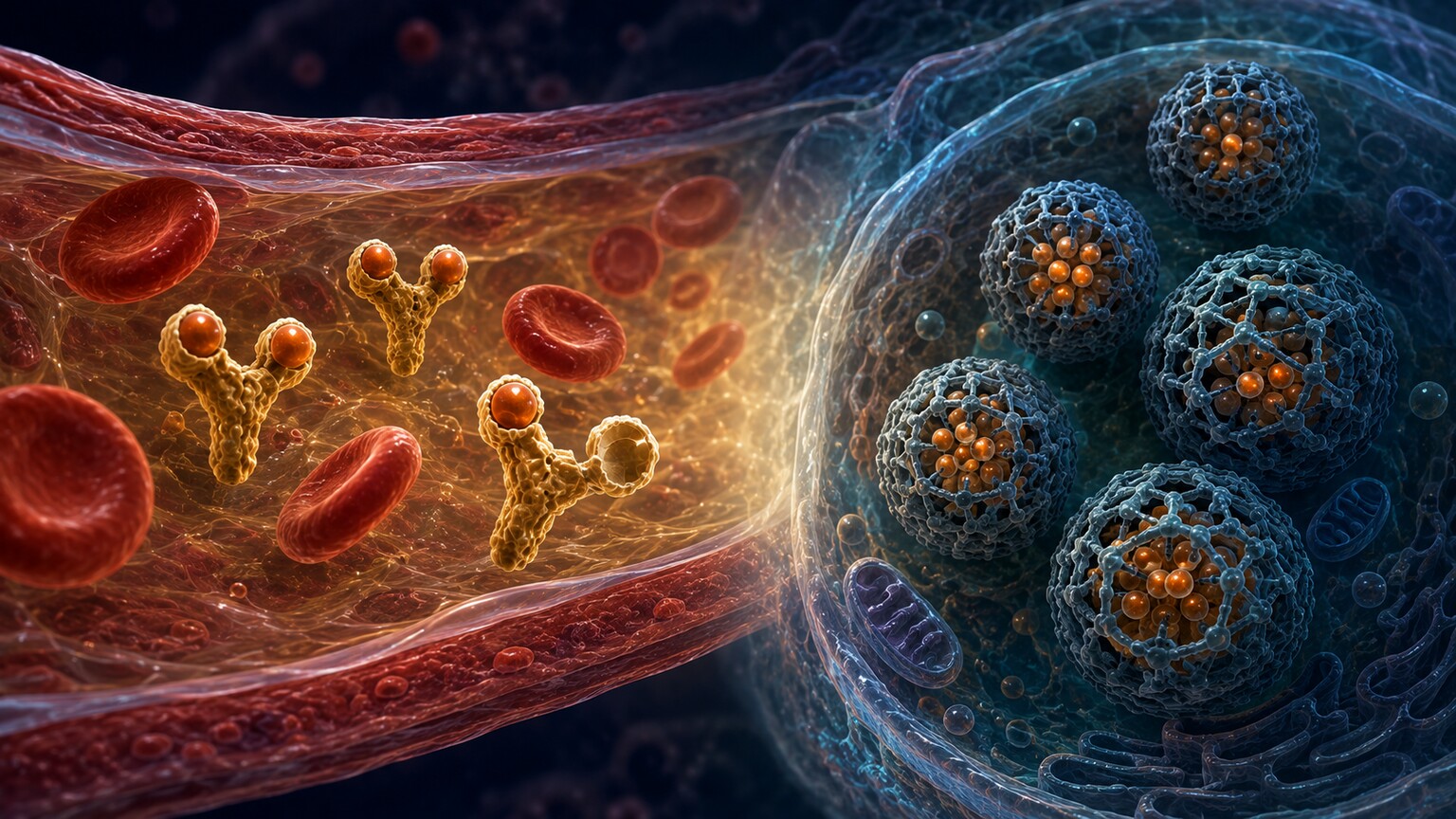 Scientific split illustration of iron-carrying transferrin protein in the bloodstream beside iron stored inside ferritin shells in liver tissue