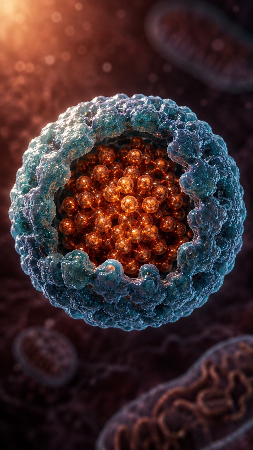 Vertical scientific illustration of a hollow spherical ferritin protein shell packed with thousands of stored iron atoms inside a liver cell