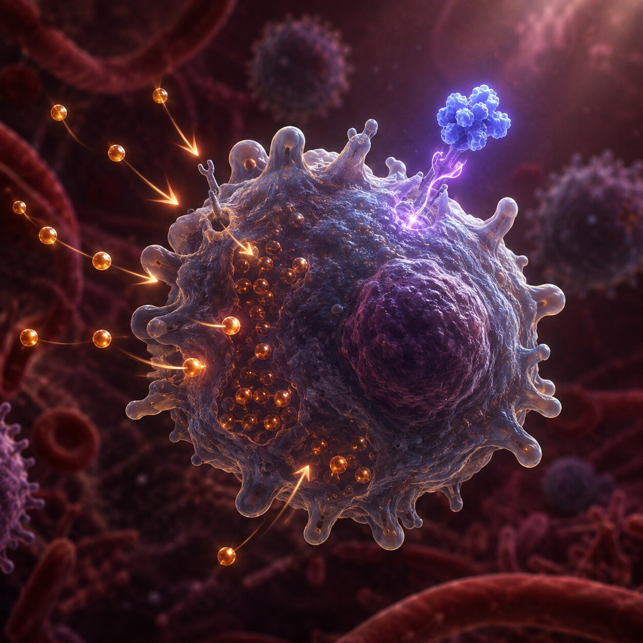Close-up scientific illustration of a macrophage immune cell trapping iron atoms inside itself under the influence of the hormone hepcidin during inflammation