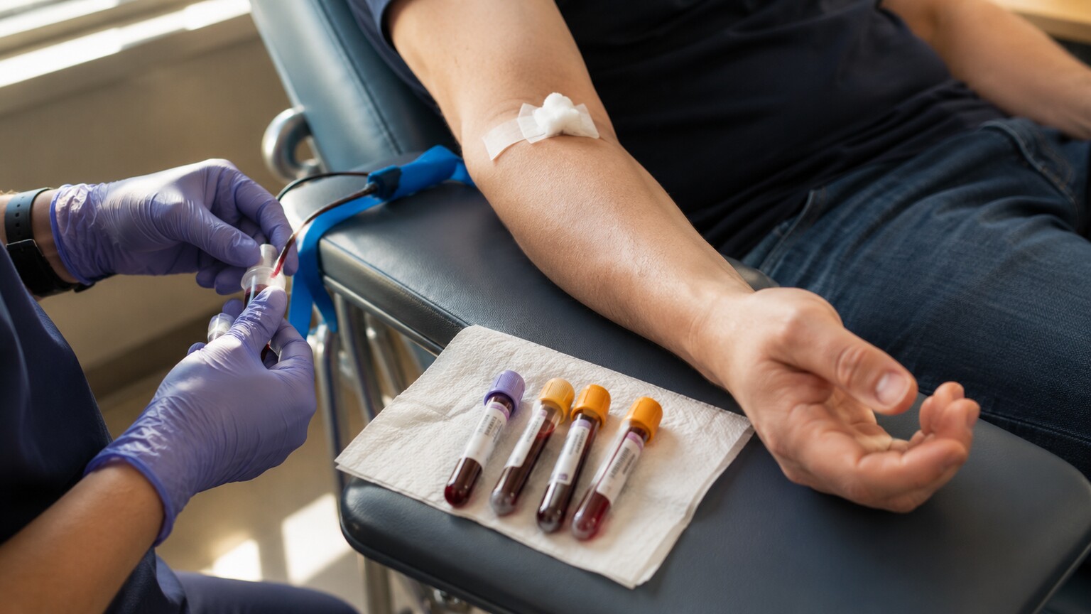 Laboratory technician's hands labeling a set of blood collection tubes for an iron panel and ferritin test at a phlebotomy station