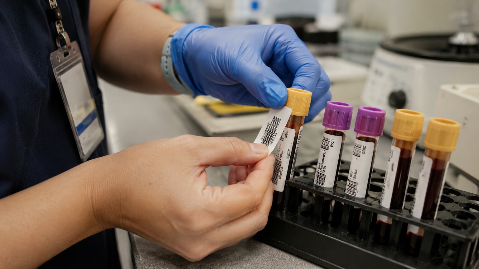 Patient's arm during a blood draw with several labeled collection tubes for combined iron panel and ferritin testing arranged in a rack