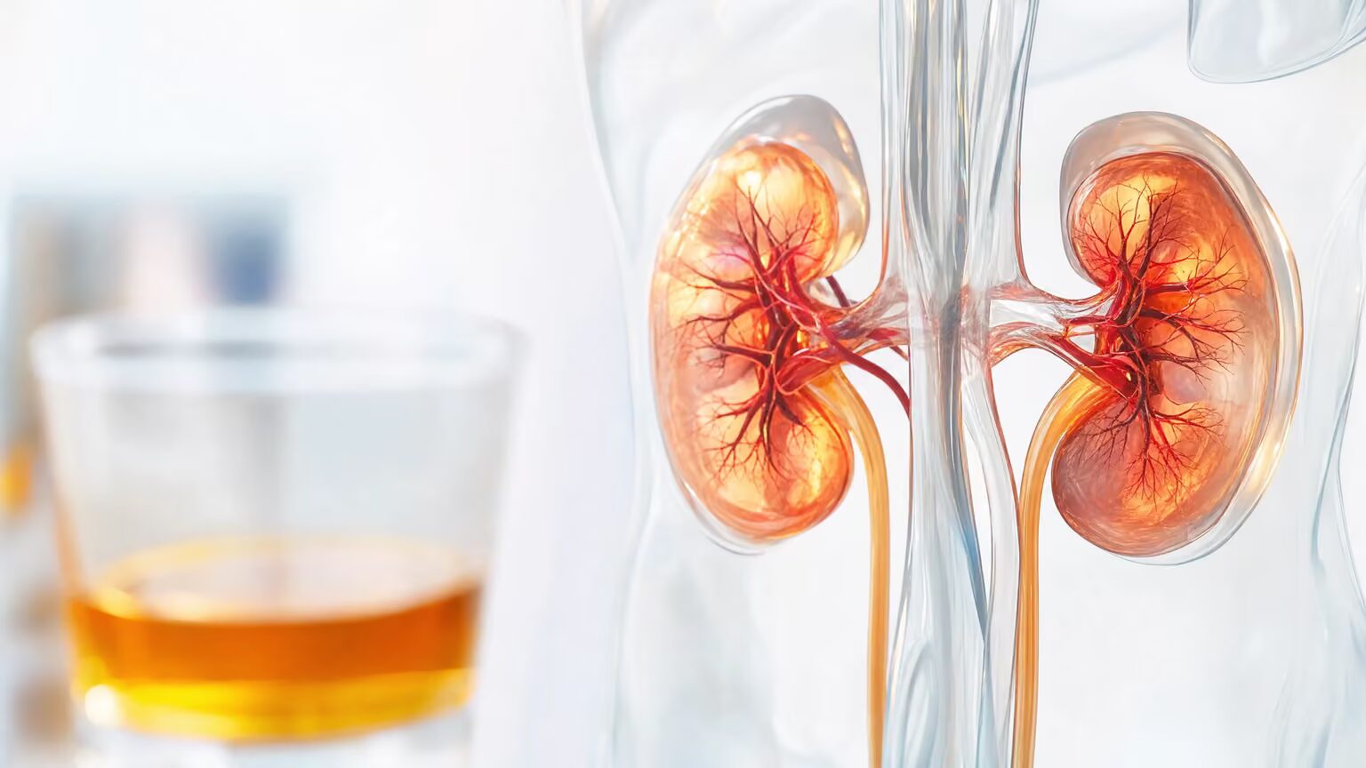 Digital illustration of the human kidneys with a glass of alcohol representing magnesium loss