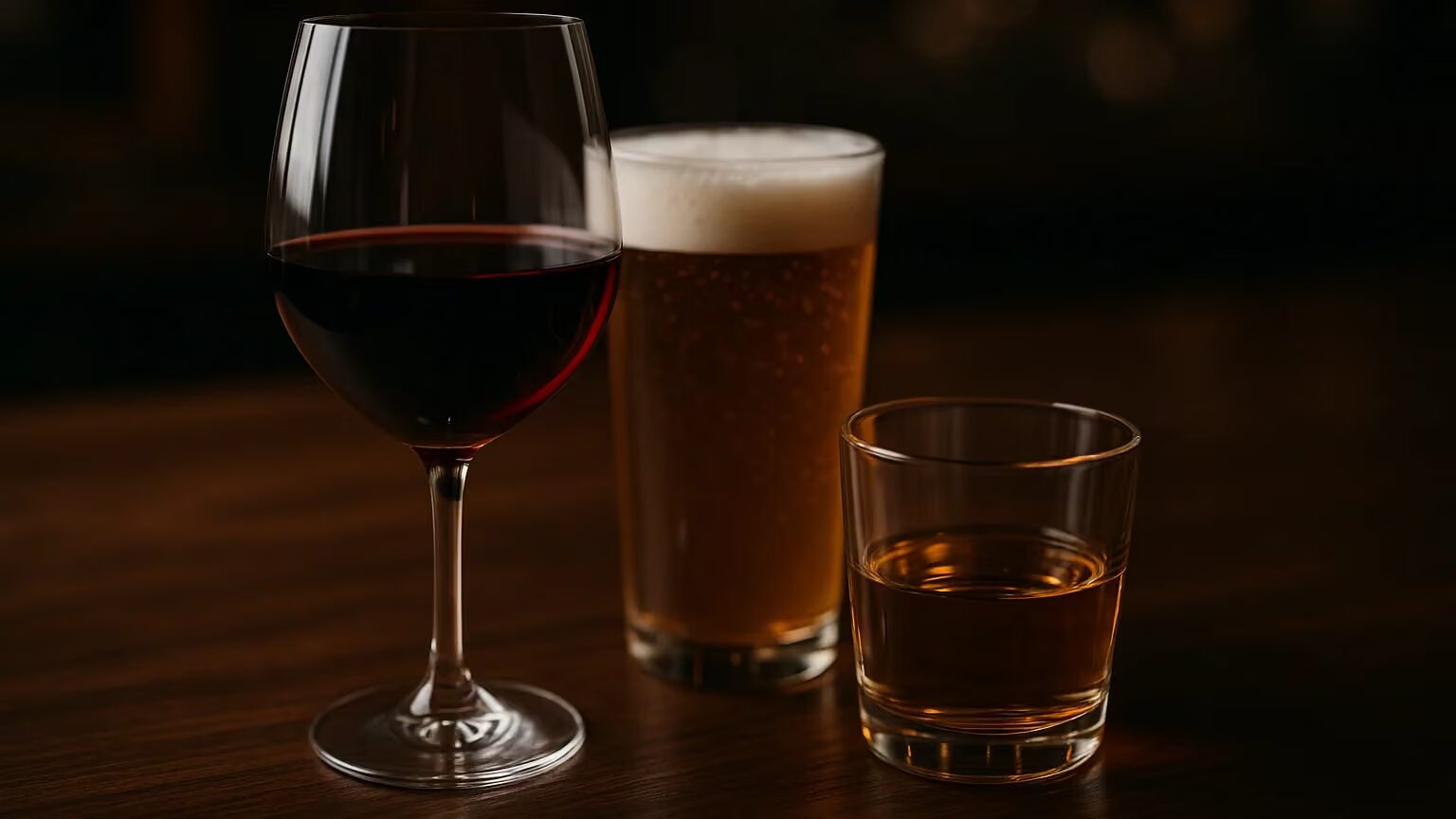 Assorted alcoholic beverages including wine, beer, and spirits arranged on a table