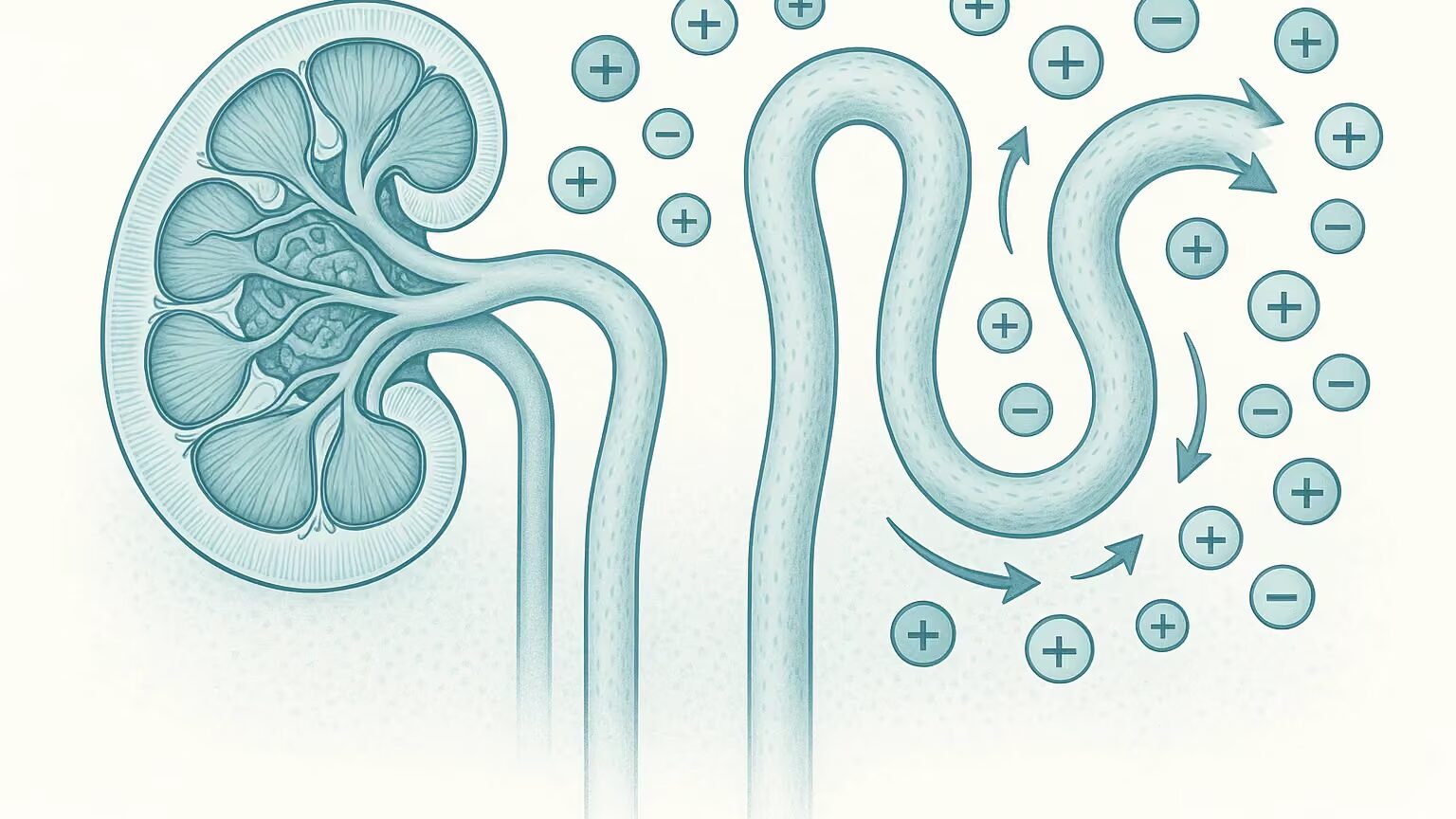 Scientific illustration of a kidney nephron showing magnesium reabsorption in the renal tubule