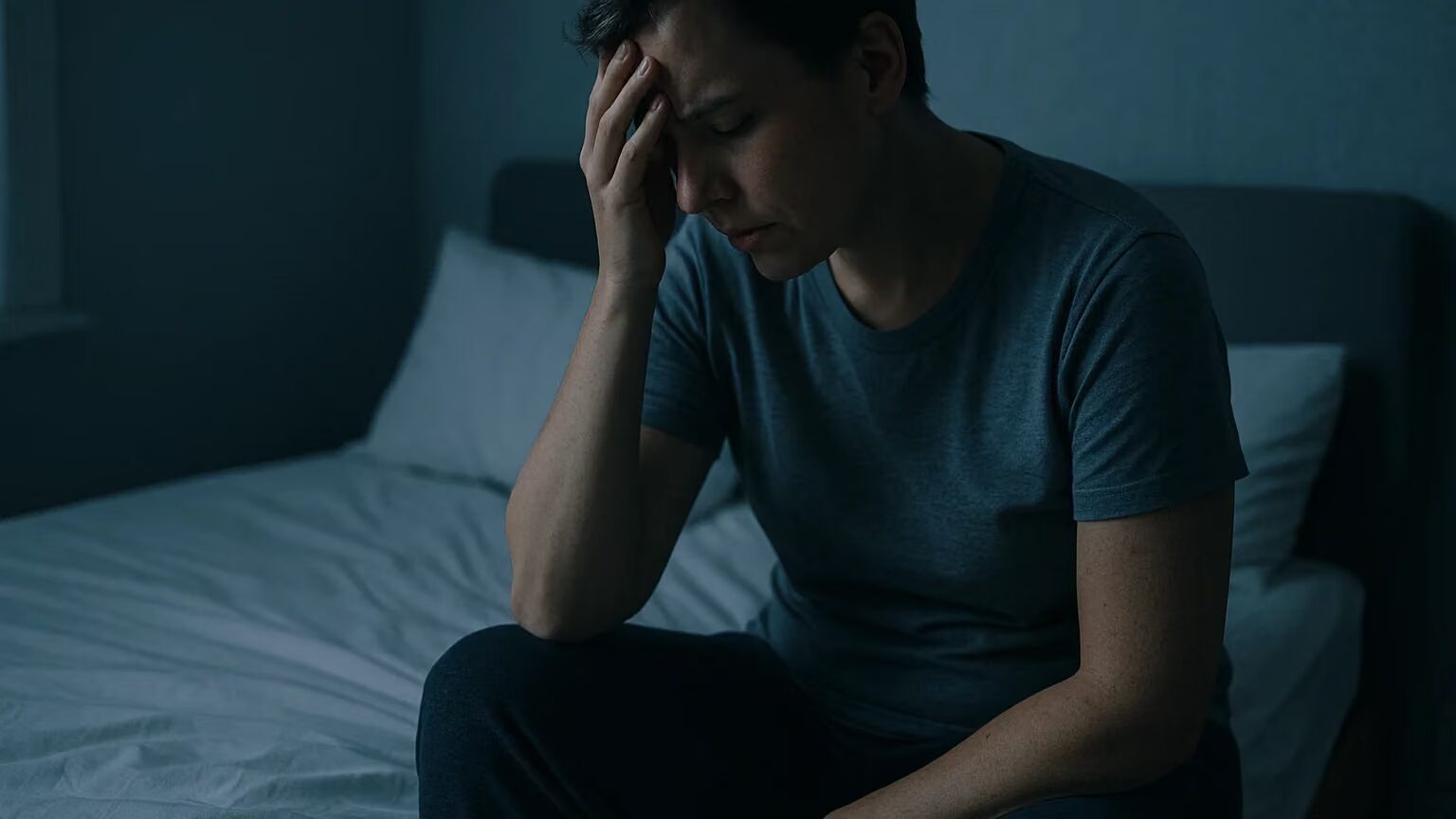 Person sitting on a bed at night looking unwell, holding their head during alcohol withdrawal