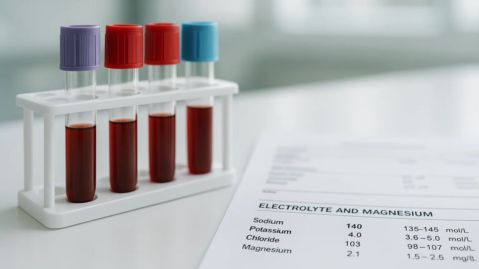 Blood test tubes next to a printed lab report showing an electrolyte and magnesium panel