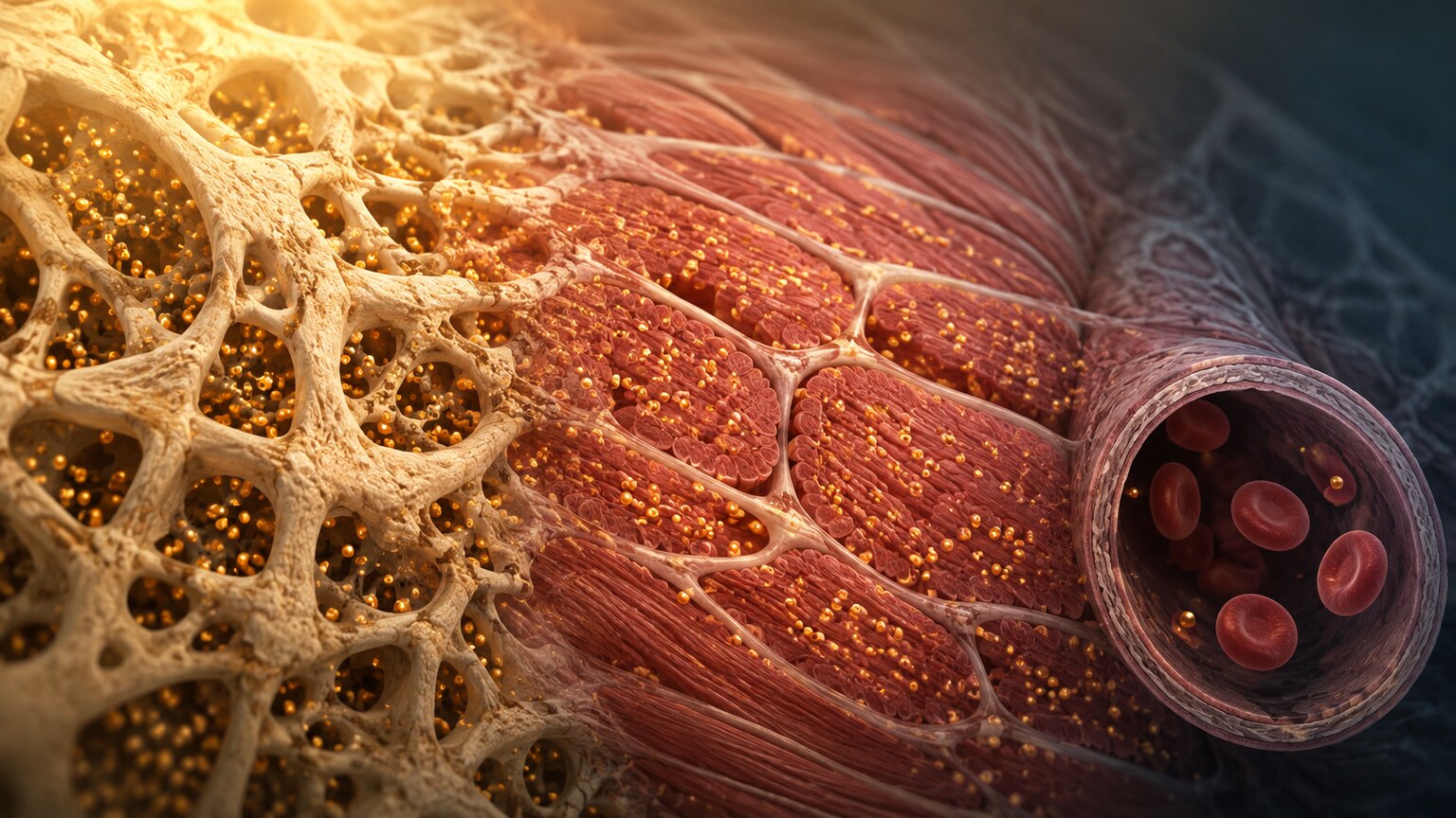 Scientific illustration comparing the small fraction of magnesium in blood plasma against the large reserves stored in bone and muscle tissue