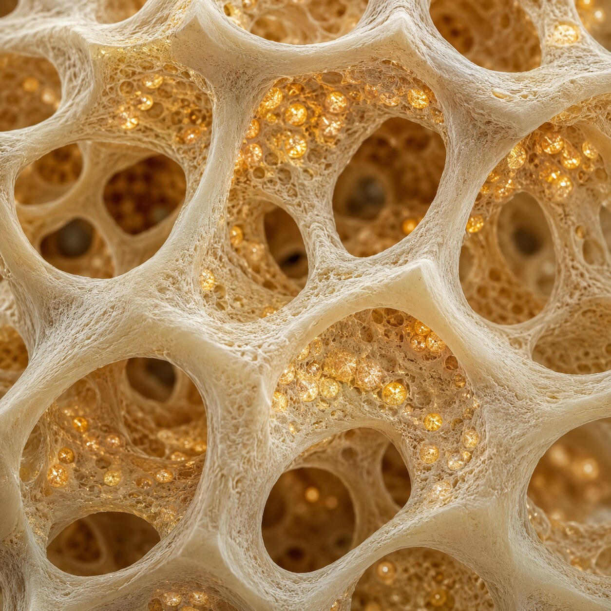 Cross-section scientific illustration of trabecular bone tissue showing magnesium ions embedded within the mineral matrix