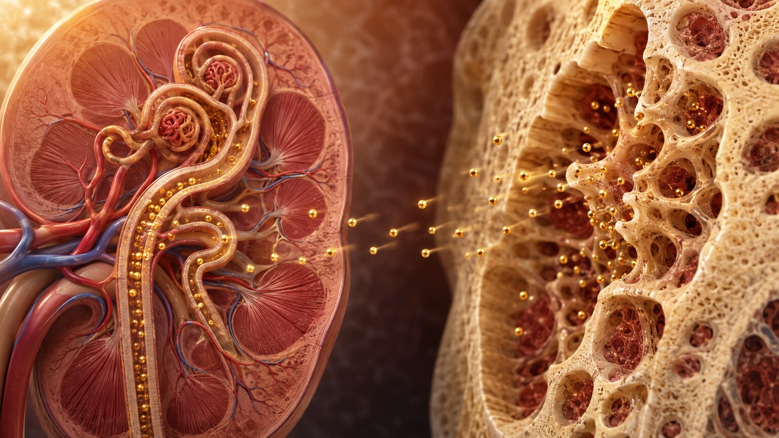 Scientific illustration showing kidneys increasing magnesium reabsorption while bone releases stored magnesium to buffer falling blood levels