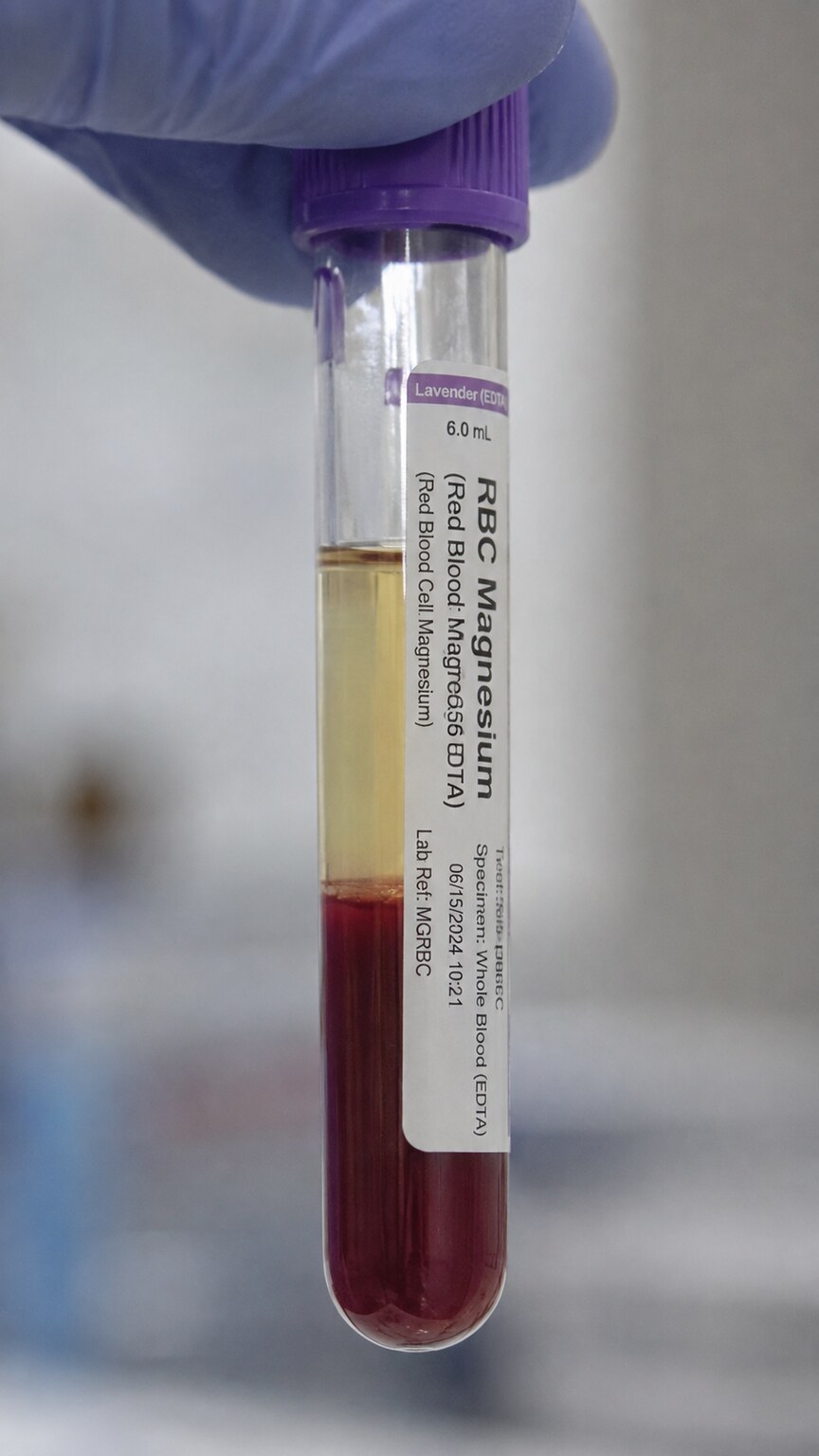 Close-up of a labeled red blood cell magnesium test tube held up to light showing settled red blood cells separated from plasma