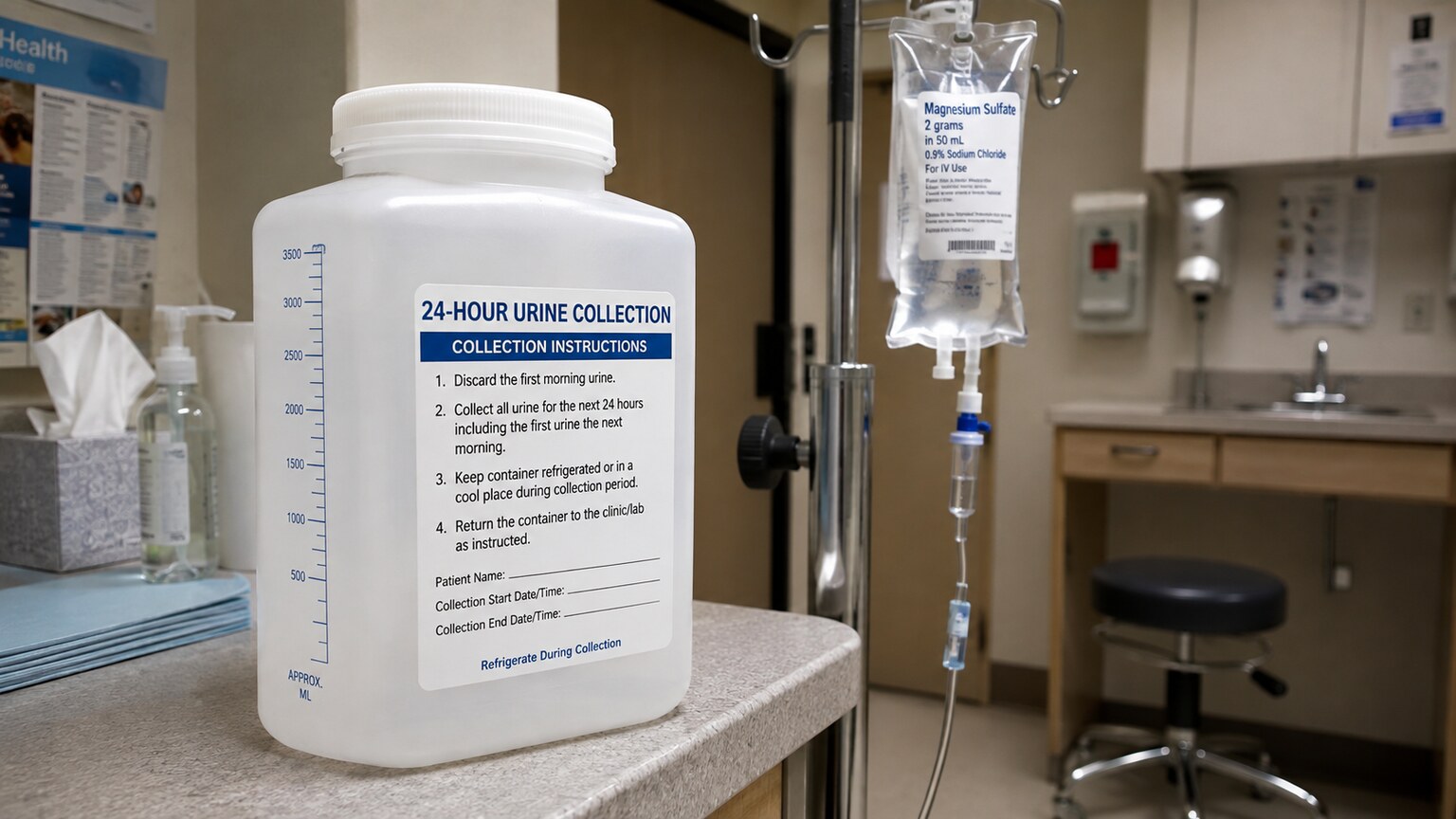 Labeled 24-hour urine collection container on a clinic counter beside an IV infusion setup used for the magnesium loading test