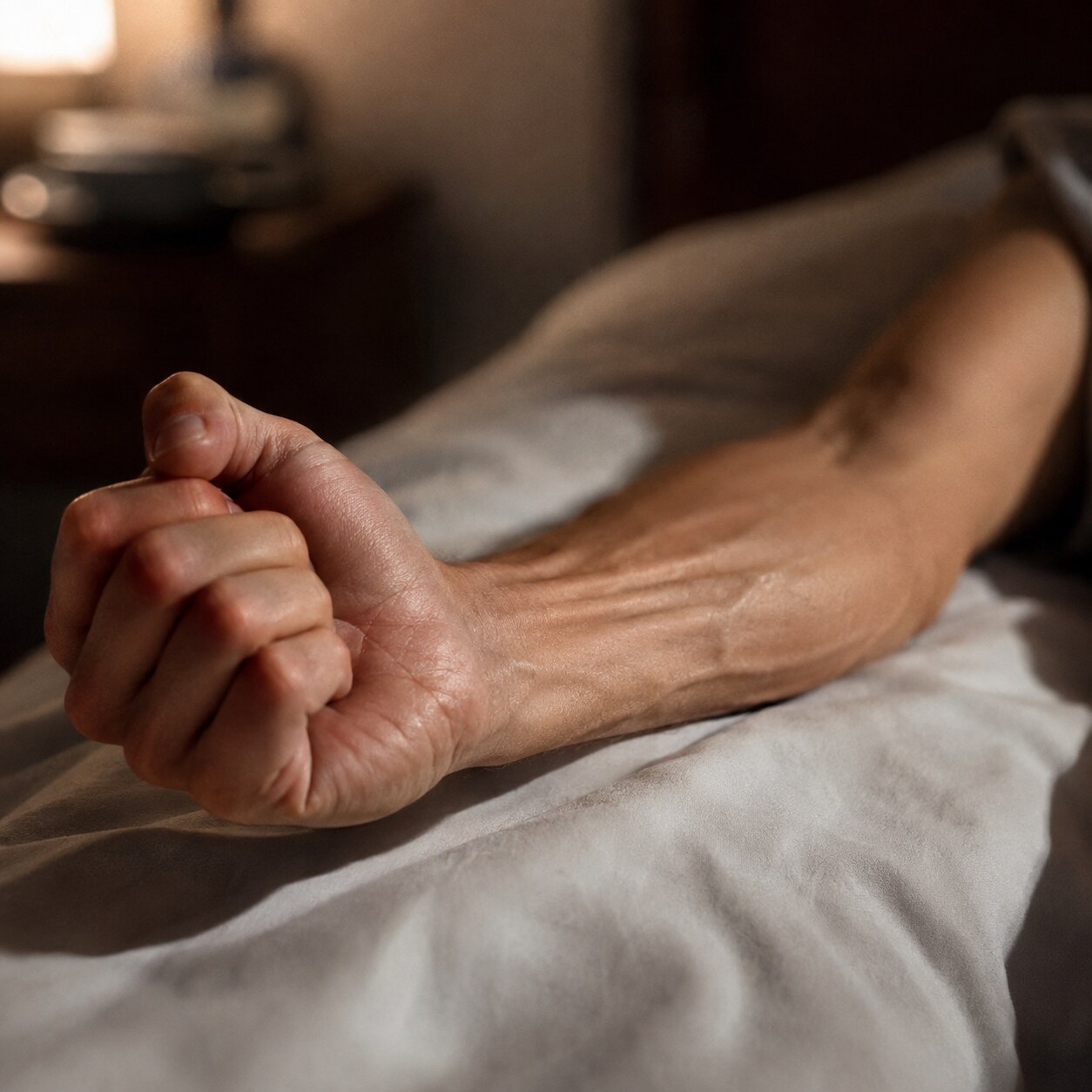 Close-up of a person's hand and forearm visibly cramping and tensed, illustrating a symptom that can persist despite a normal blood magnesium result