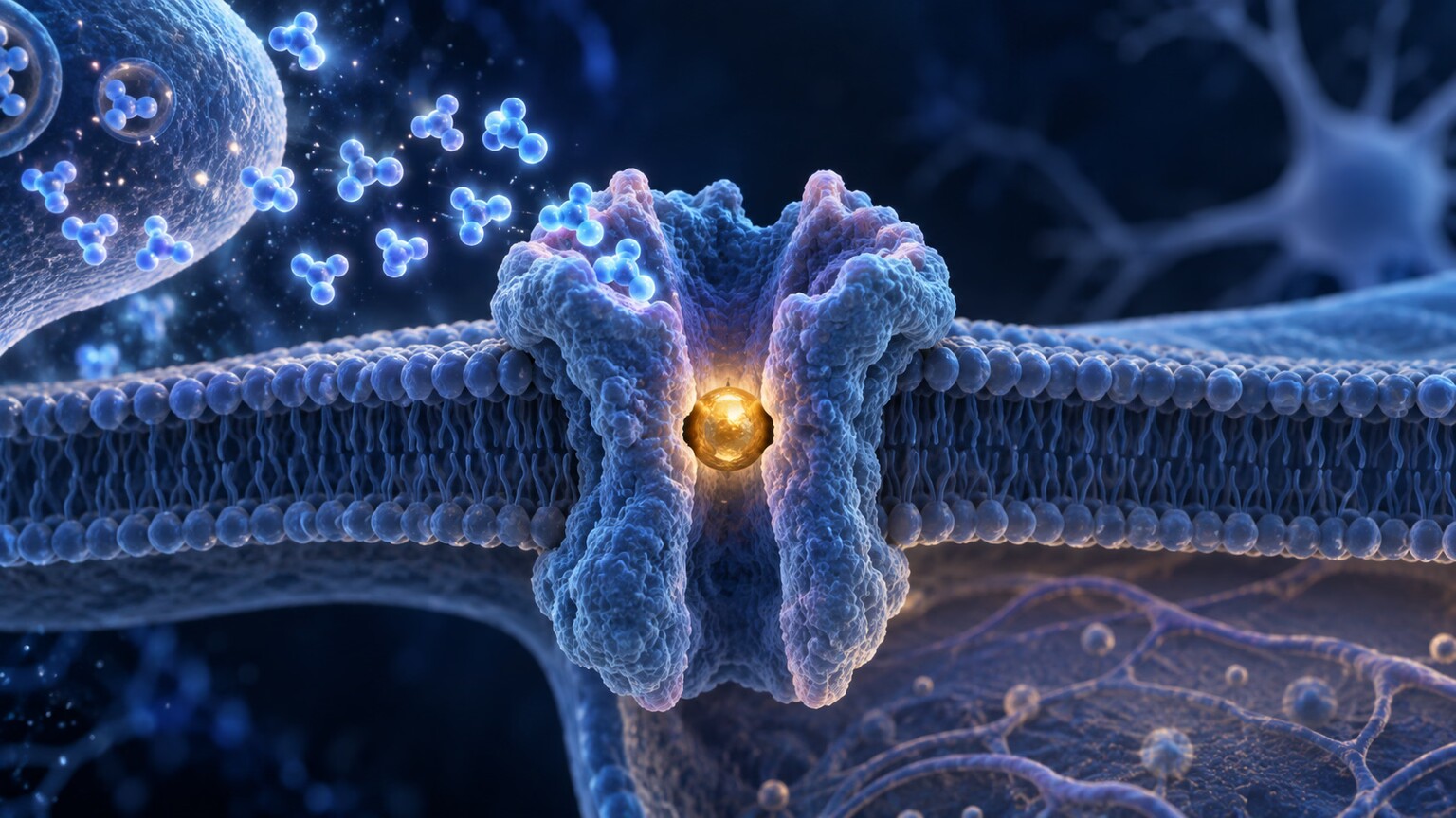 Illustration of a magnesium ion physically blocking a neuron's NMDA receptor channel to prevent excess excitatory signaling