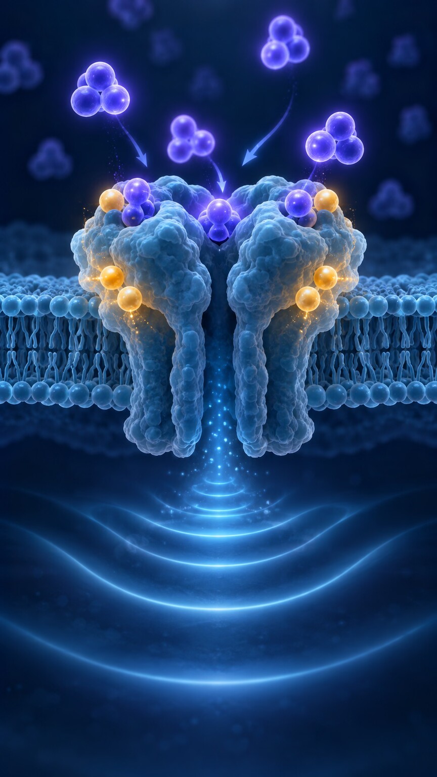 Illustration of GABA neurotransmitter molecules binding to a receptor, with magnesium supporting the receptor's calming inhibitory signal