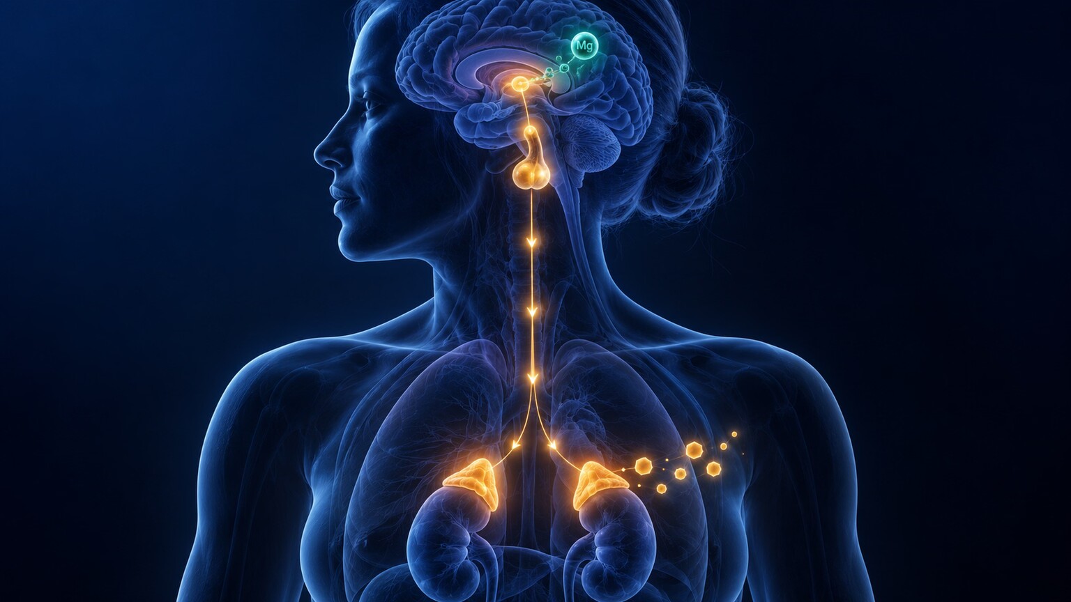 Diagram of the brain's stress-response axis showing magnesium helping regulate cortisol release from the adrenal glands