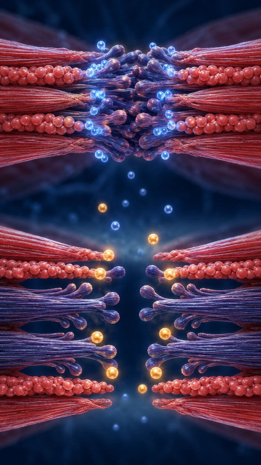Illustration of muscle fiber filaments showing magnesium and calcium ions competing to control contraction and relaxation
