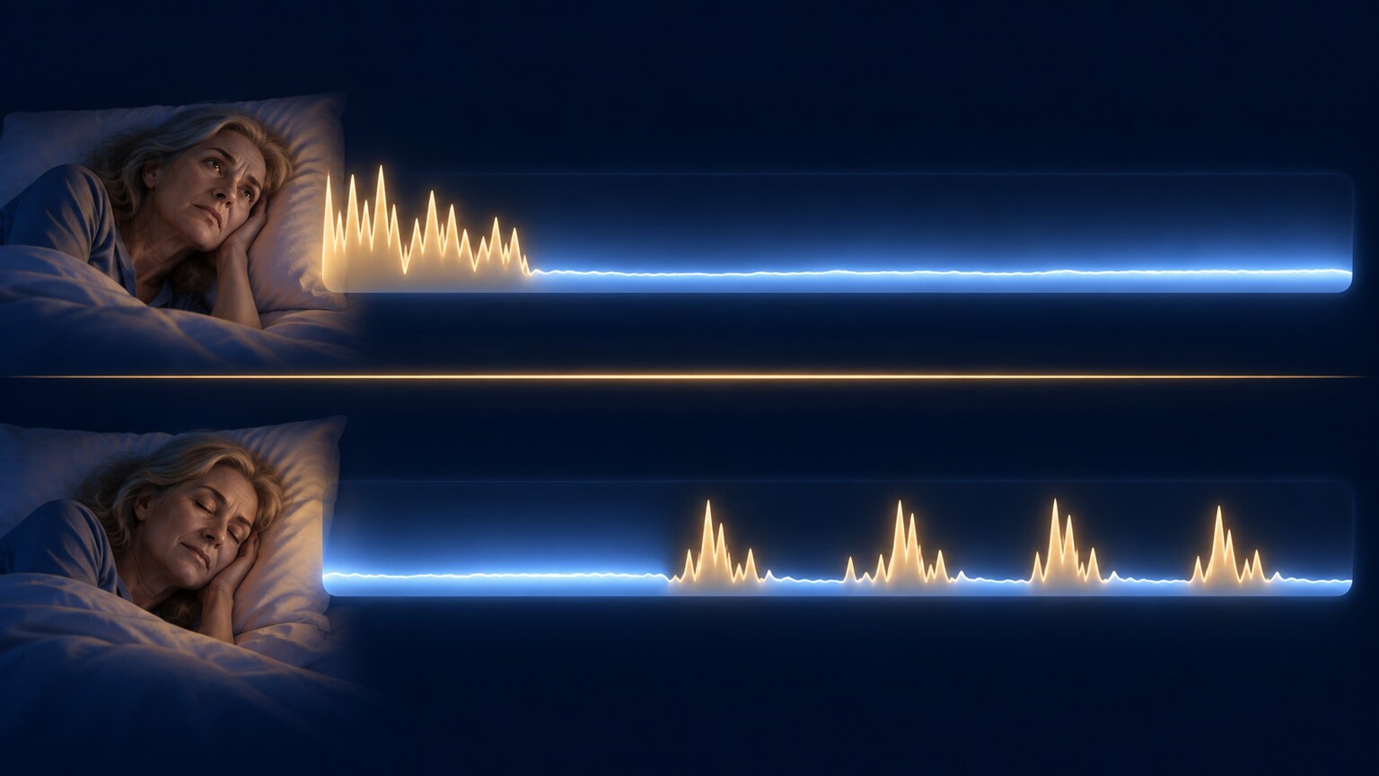 Comparison chart showing two distinct overnight sleep patterns, one with difficulty falling asleep and one with frequent nighttime awakenings