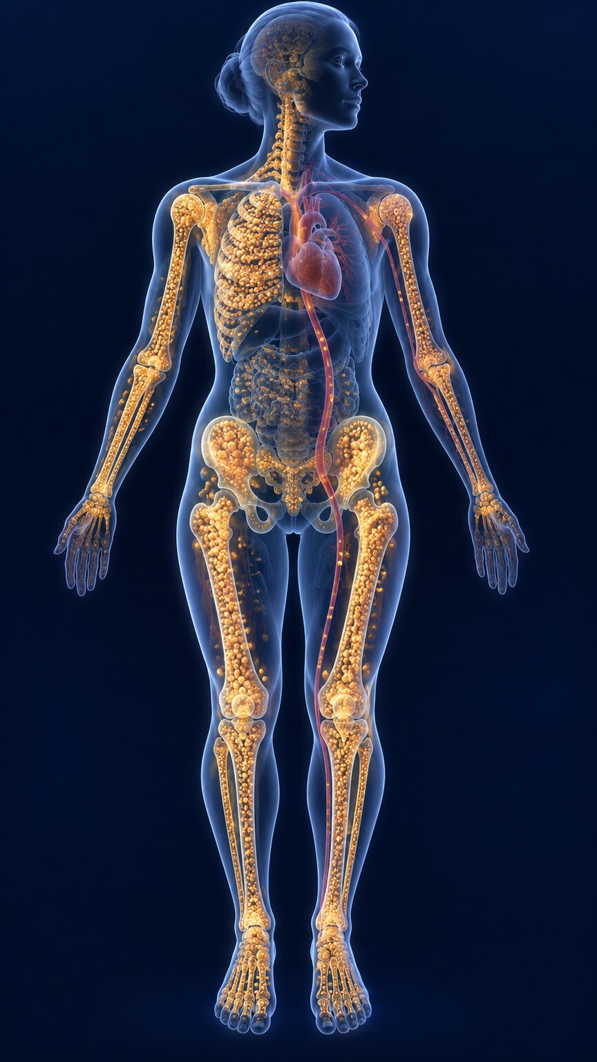Illustration comparing the small amount of magnesium circulating in blood serum against the much larger reserve stored inside bone and cells