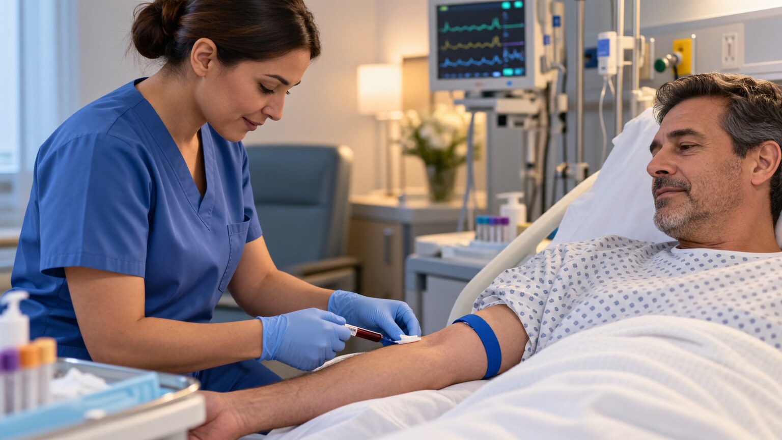 Nurse drawing blood from a hospitalized patient before a surgical procedure