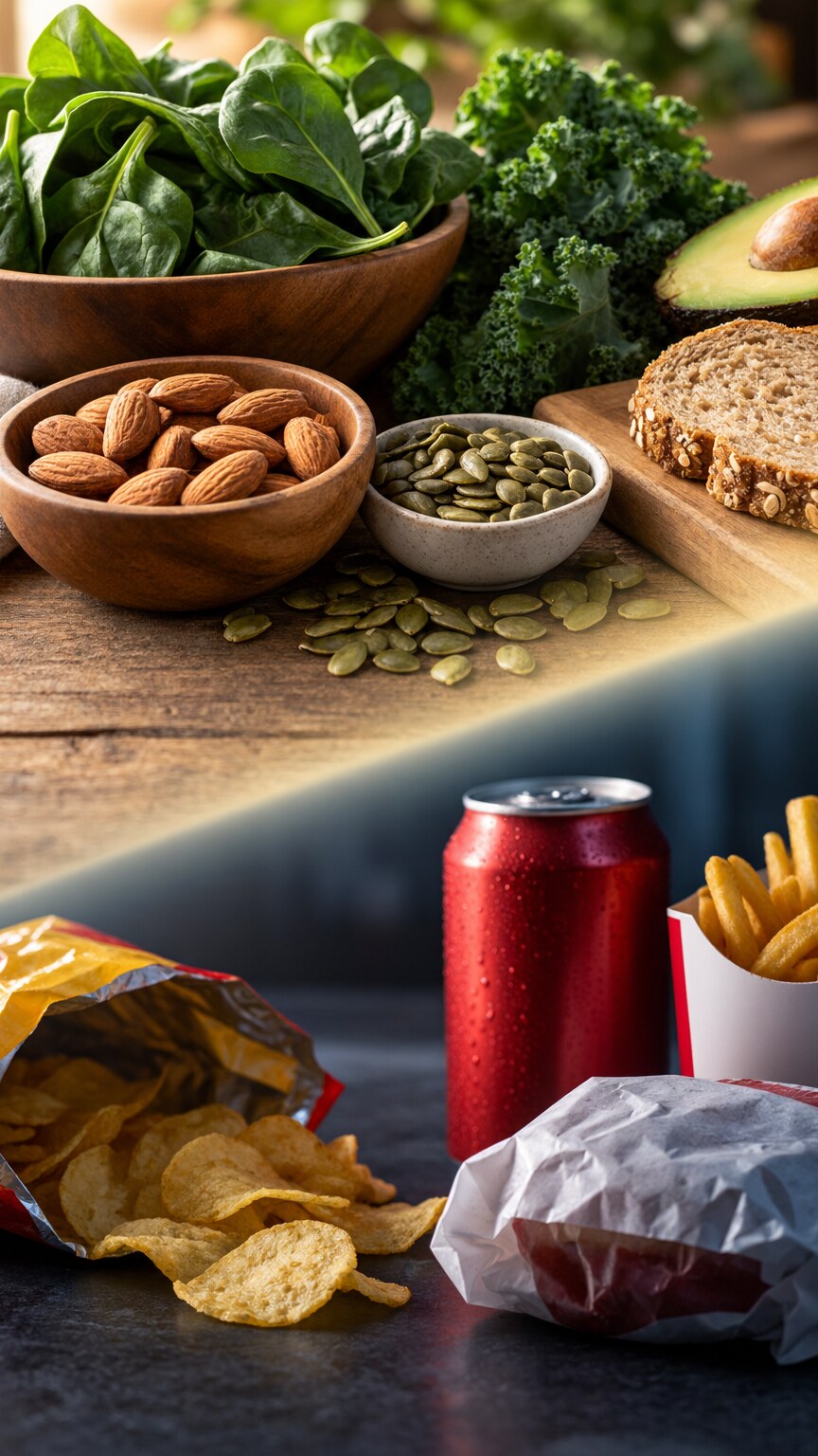 Illustration contrasting a diet of processed foods with magnesium-rich whole foods like leafy greens and nuts