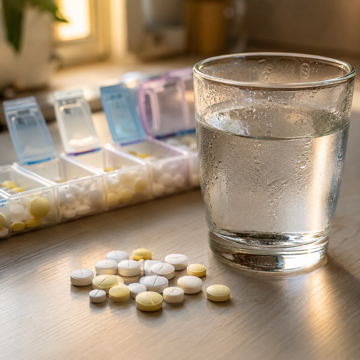 Close-up of prescription diuretic tablets on a kitchen counter beside a glass of water and a pill organizer