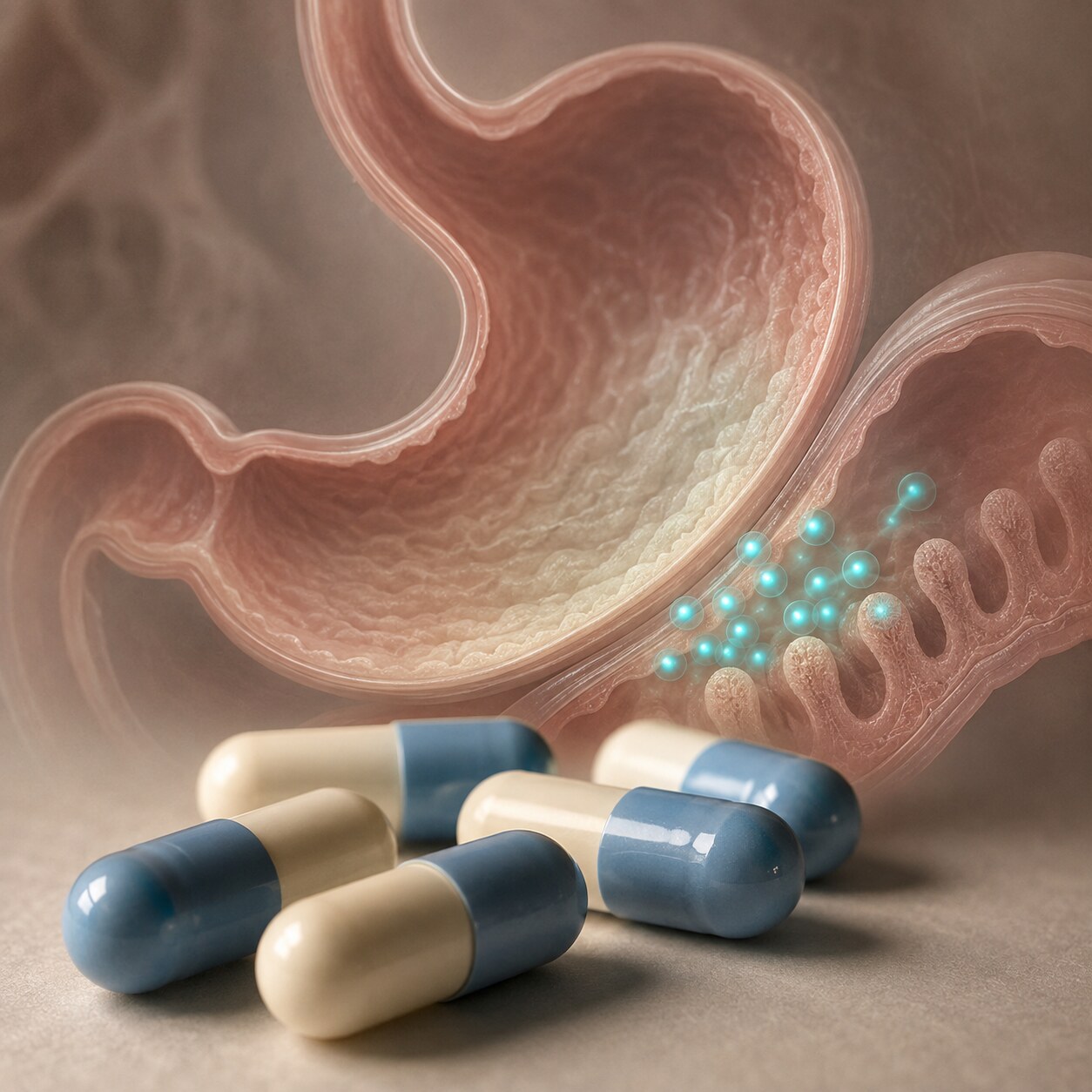 Proton pump inhibitor capsules arranged beside an anatomical illustration of the stomach lining showing reduced acid production