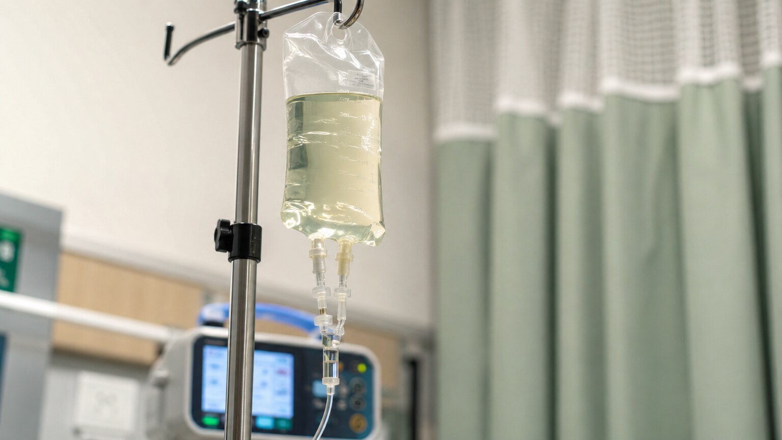 Intravenous antibiotic infusion bag and tubing in a hospital setting, representing medications that can directly damage kidney magnesium reabsorption