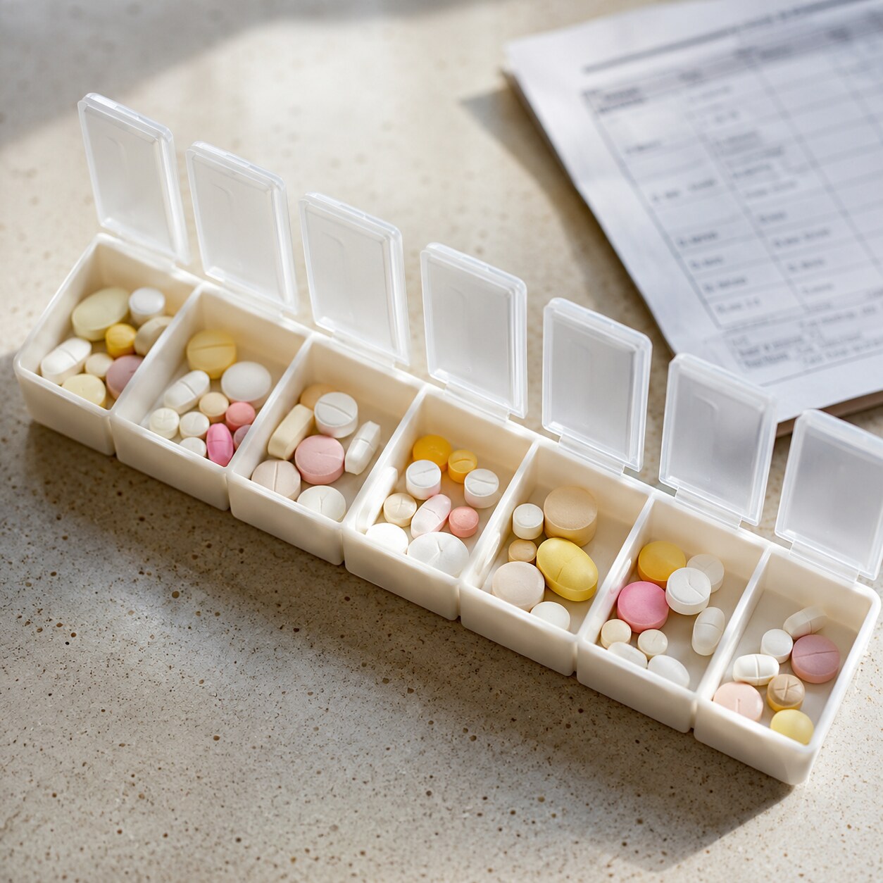 Weekly pill organizer filled with immunosuppressant medications used after organ transplantation, a recognized cause of magnesium loss