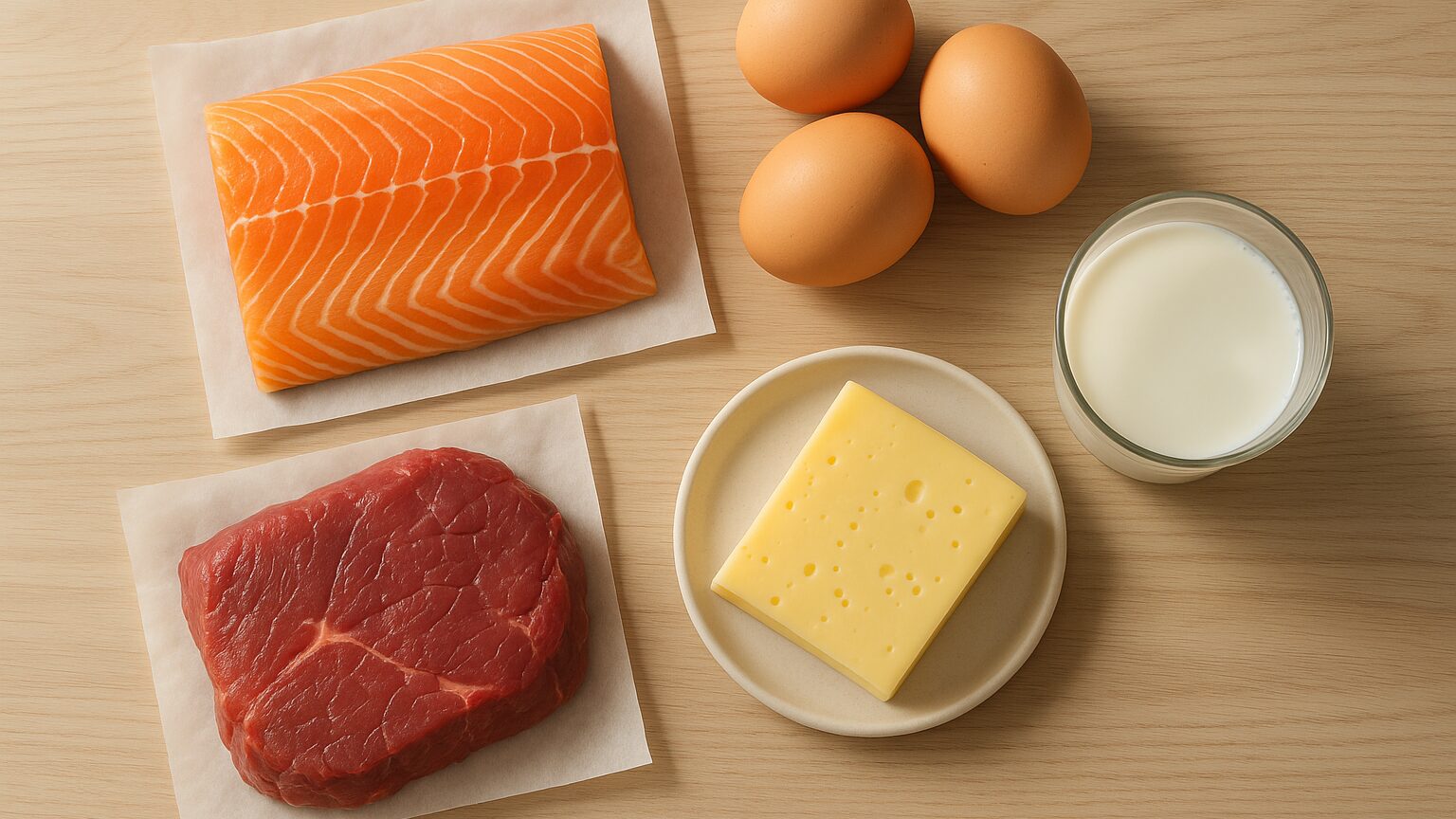 Assorted B12-rich foods including meat, eggs, fish, and dairy arranged on a table