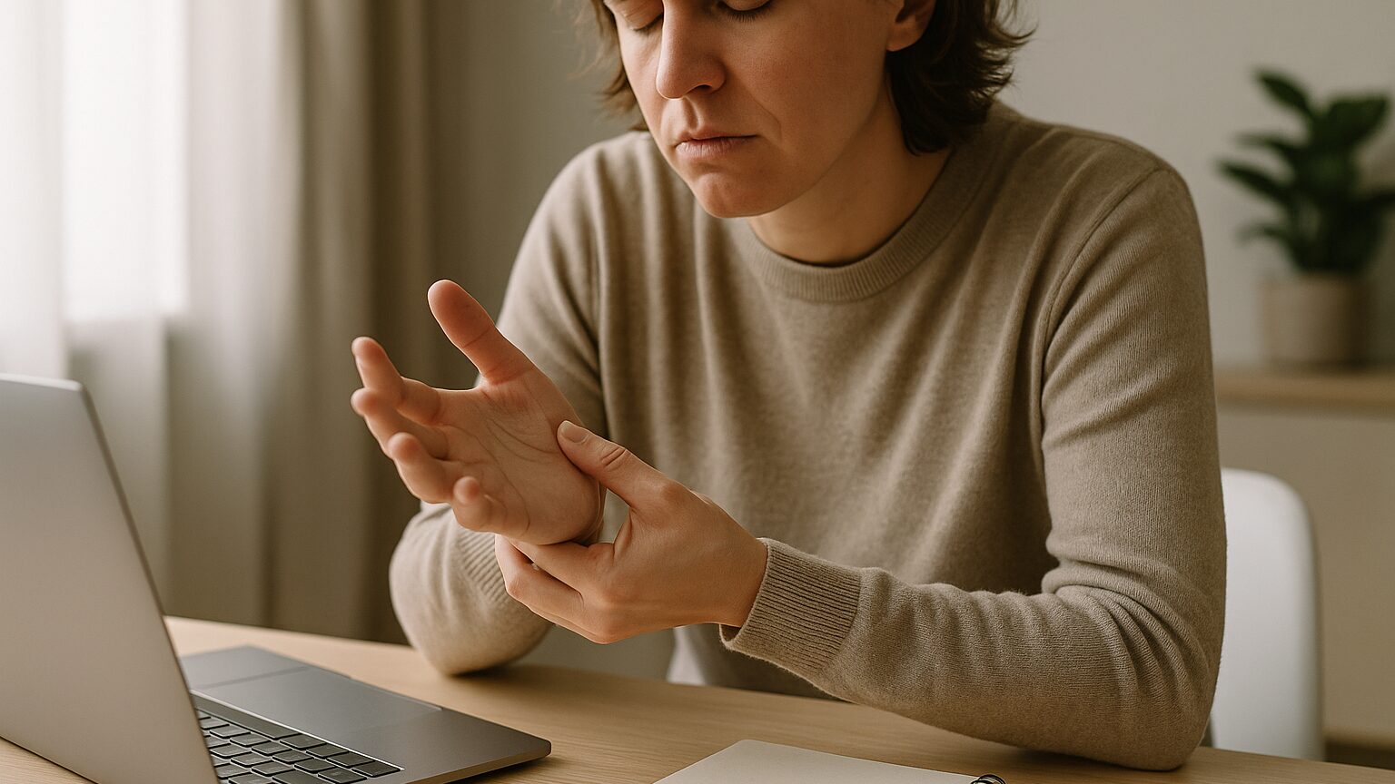 Person sitting at a table looking fatigued, gently rubbing their hand due to tingling sensation