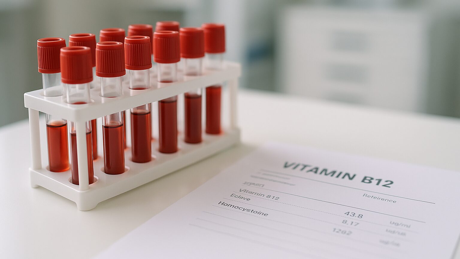 Blood test tubes next to a printed lab report showing vitamin B12 panel results