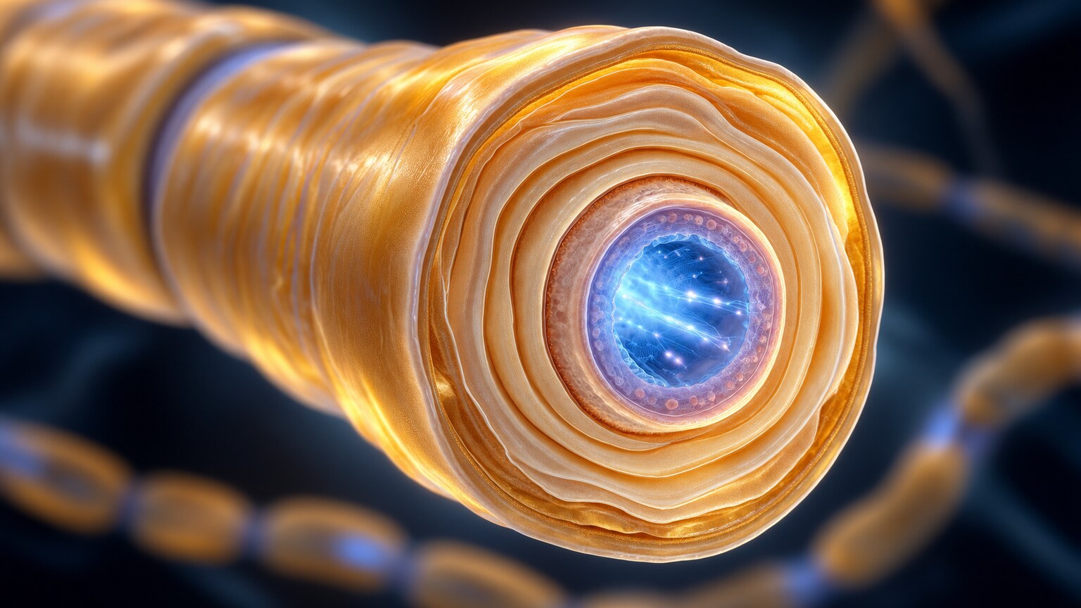 Cross-section illustration of a nerve fiber showing the myelin sheath insulation layer that depends on adequate B12